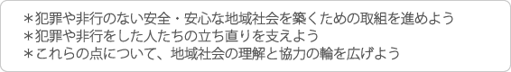 ＊  犯罪や非行のない安全・安心な地域社会を築くための取組を進めよう　犯罪や非行をした人たちの立ち直りを支えよう　これらの点について、地域社会の理解と協力の輪を広げよう